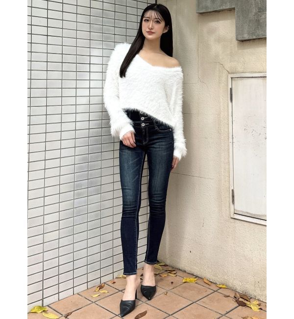 GYDA「ハイウエストウエストクロススキニーデニムパンツ」|デニム|