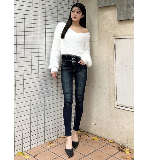 GYDA「ハイウエストウエストクロススキニーデニムパンツ」|デニム|