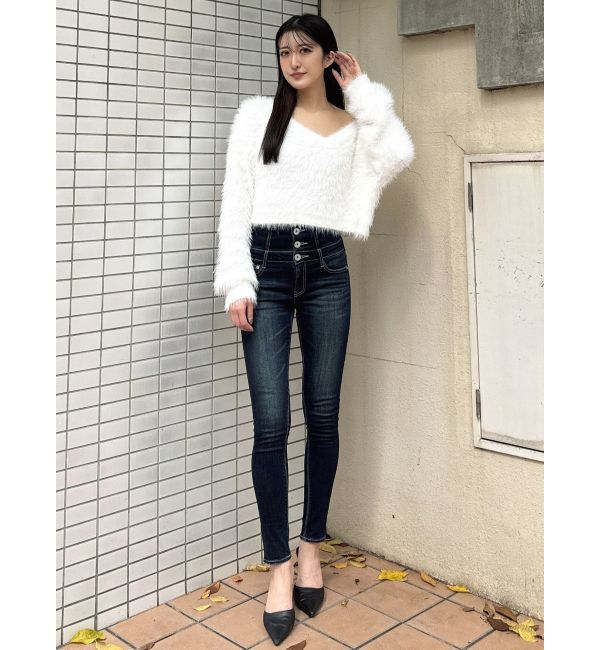 GYDA「ハイウエストウエストクロススキニーデニムパンツ」|デニム|