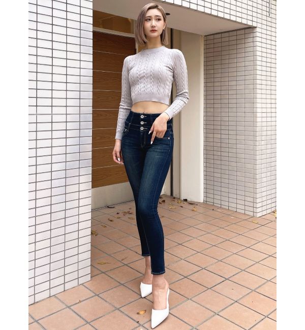 GYDA「ハイウエストウエストクロススキニーデニムパンツ」|デニム|