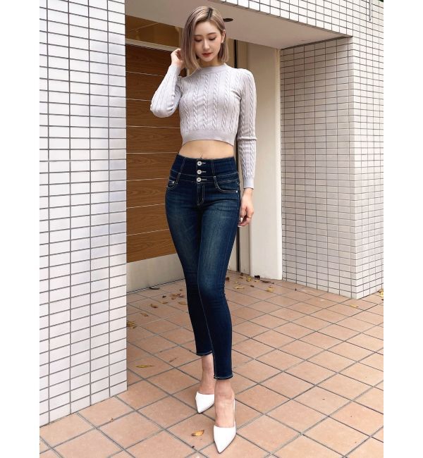 GYDA「ハイウエストウエストクロススキニーデニムパンツ」|デニム|