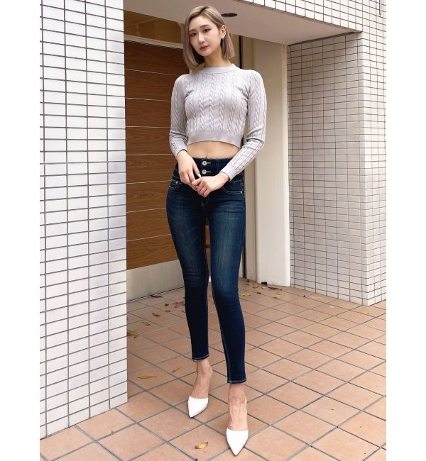 GYDA「ハイウエストウエストクロススキニーデニムパンツ」|デニム|