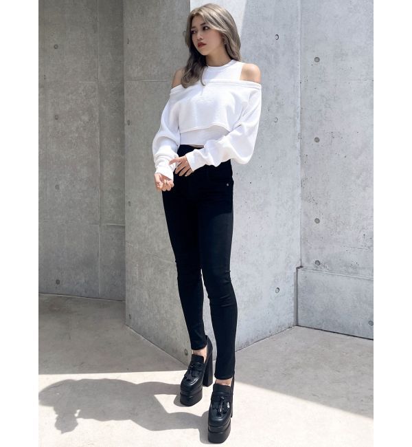 GYDA「ハイウエストウエストクロススキニーデニムパンツ」|デニム|