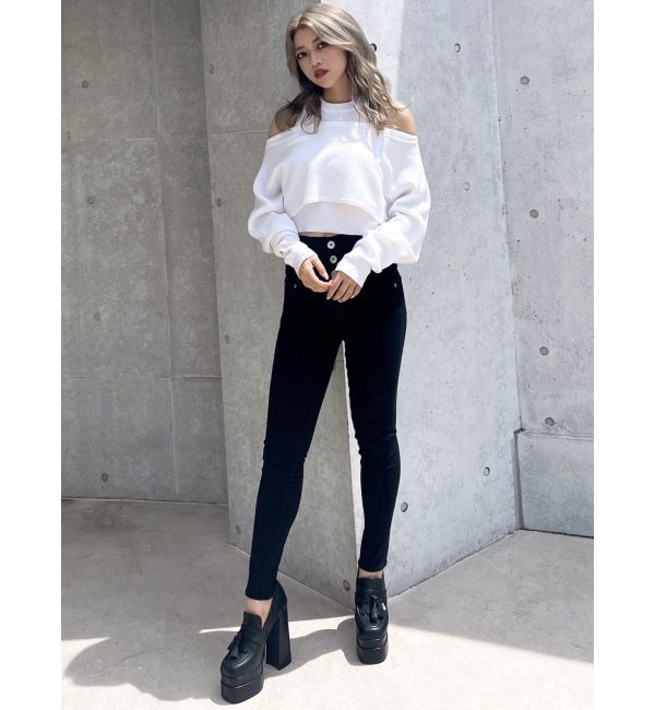 GYDA「ハイウエストウエストクロススキニーデニムパンツ」|デニム|