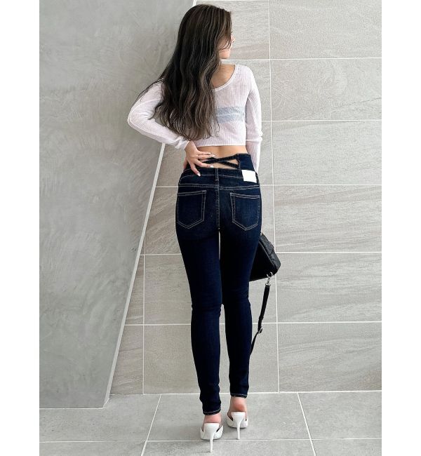 GYDA「ハイウエストウエストクロススキニーデニムパンツ」|デニム|