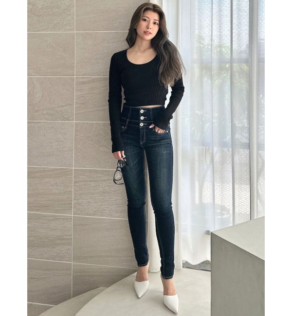 GYDA「ハイウエストウエストクロススキニーデニムパンツ」|デニム|