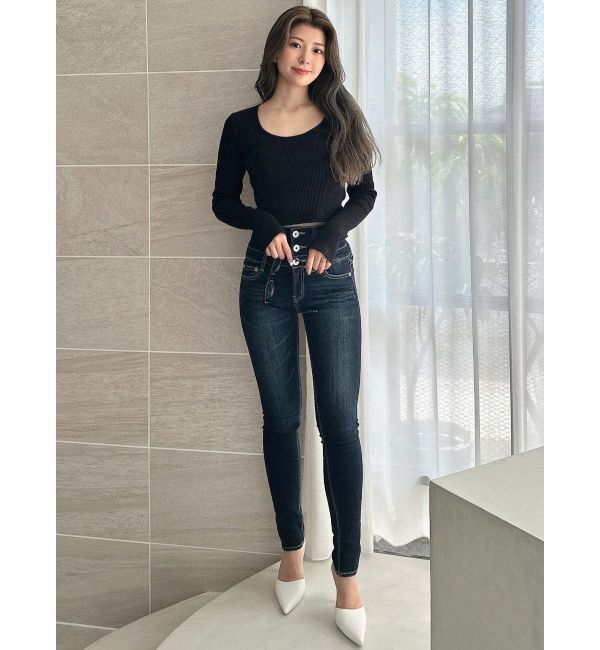GYDA「ハイウエストウエストクロススキニーデニムパンツ」|デニム|