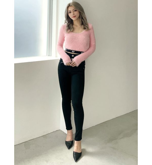 GYDA「ハイウエストウエストクロススキニーデニムパンツ」|デニム|