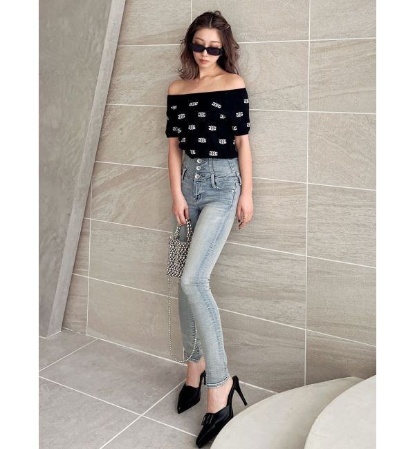 GYDA「ハイウエストウエストクロススキニーデニムパンツ」|デニム|