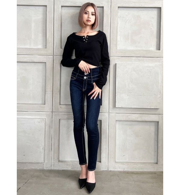 GYDA「ハイウエストウエストクロススキニーデニムパンツ」|デニム|