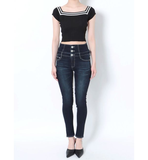 GYDA「ハイウエストウエストクロススキニーデニムパンツ」|デニム|