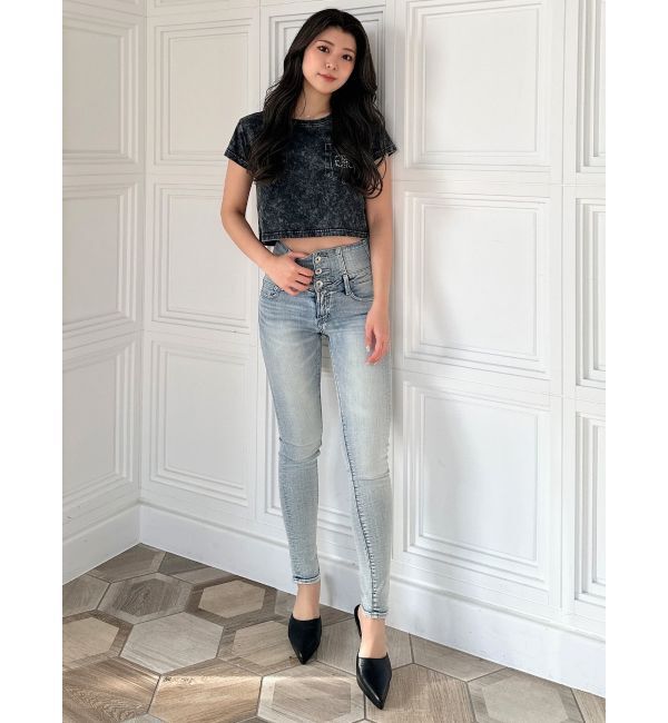 GYDA「ハイウエストウエストクロススキニーデニムパンツ」|デニム|