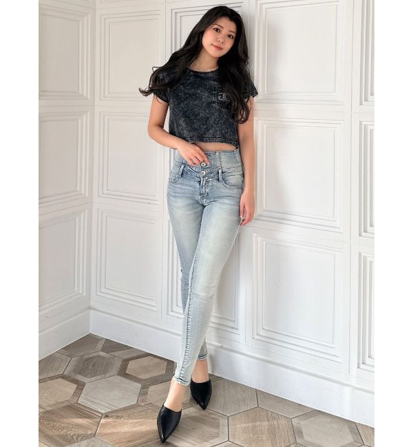 GYDA「ハイウエストウエストクロススキニーデニムパンツ」|デニム|