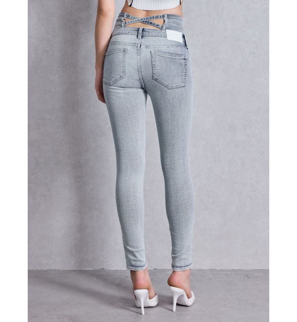 GYDA「ハイウエストウエストクロススキニーデニムパンツ」|デニム|アイスブルー