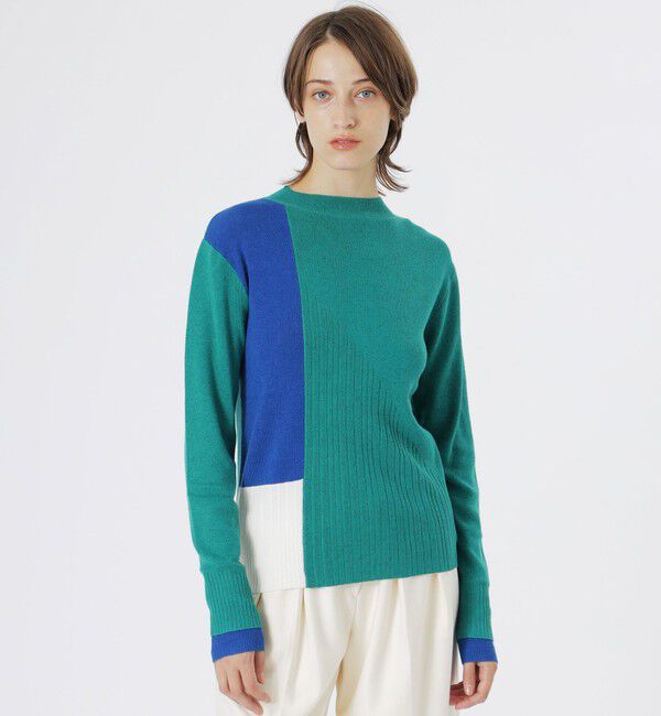 「ブロッキング２フェイスニットプルオーバー」|ニット・セーター|グリーン