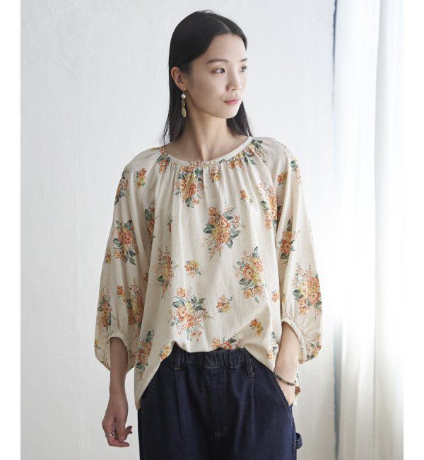 Lbc with Life「リネン混ブーケプリントパフスリーブ」|シャツ・ブラウス|オレンジ