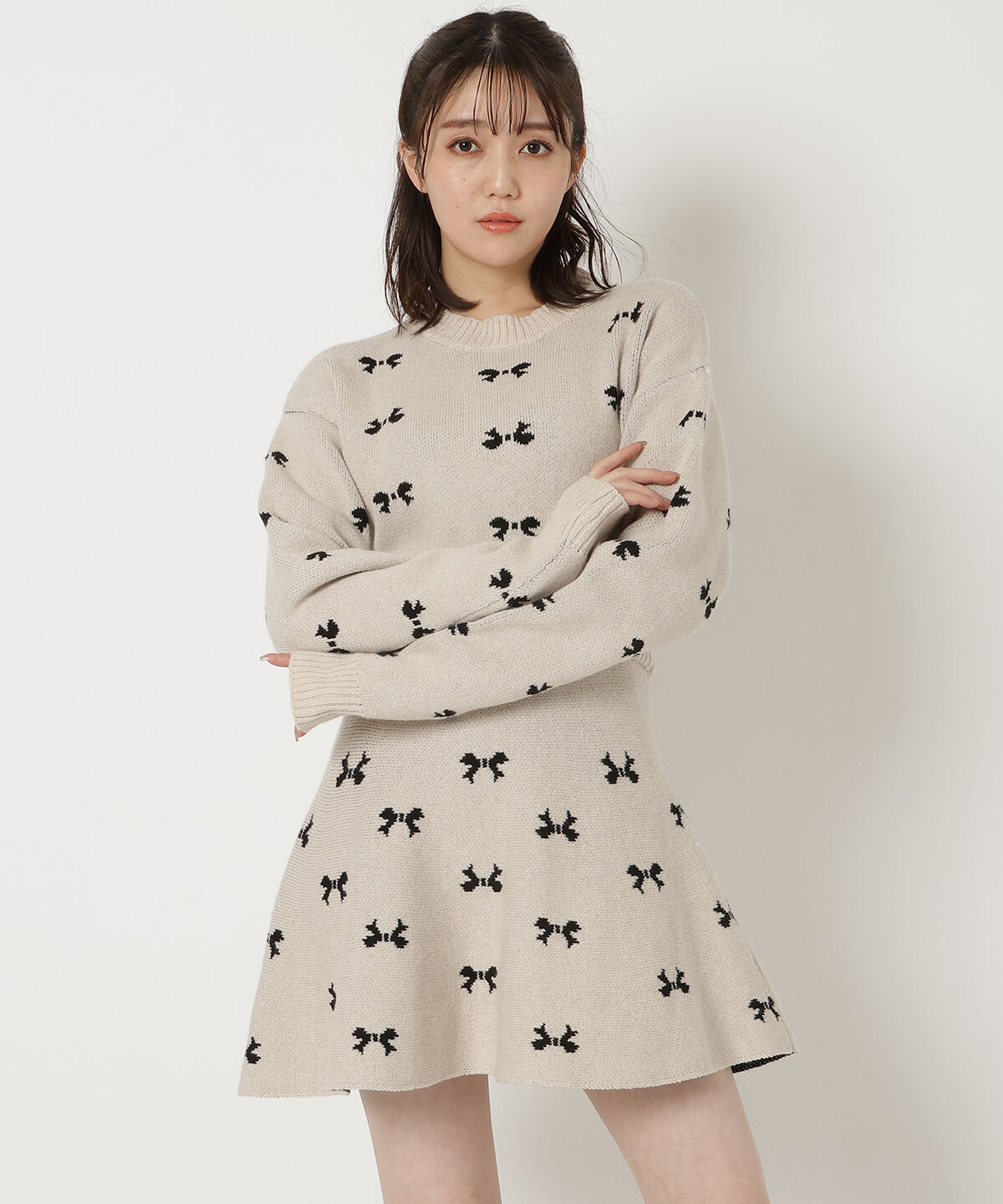 REDYAZEL「リボンジャガードニットスカート」|フレア|ベージュ