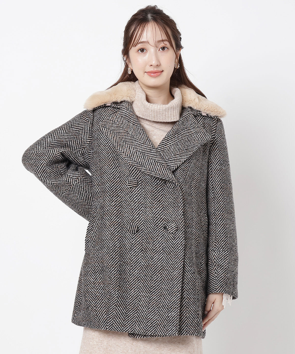 WILLSELECTION「ヘリンボーンファー付きコート」|その他|黒系チェック