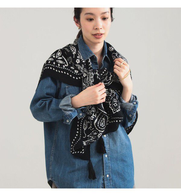 Demi-Luxe BEAMS 「【別注】ｍanipuri / バンダナ タッセル ストール」|ストール|BLACK