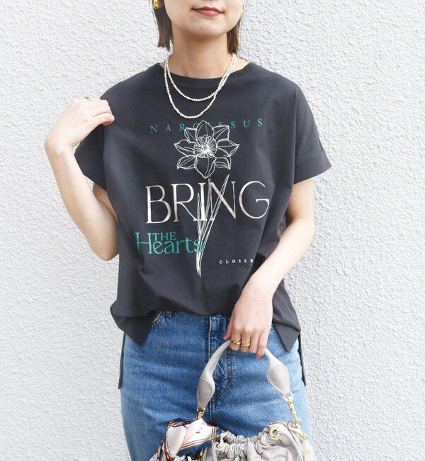 SHIPS for women「【WEB限定】〈手洗い可能〉フラワー 箔 プリント ロゴ TEE」|Tシャツ・カットソー|チャコールグレー