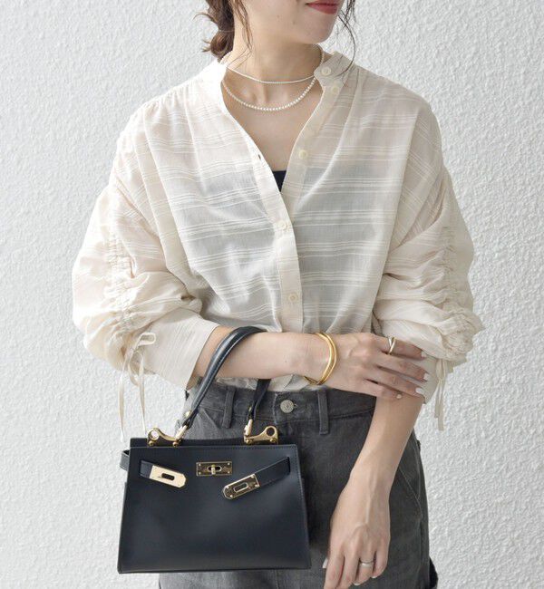 SHIPS any「SHIPS any: シアー ジャカード シャーリング バンドカラー シャツ」|シャツ・ブラウス|ホワイト