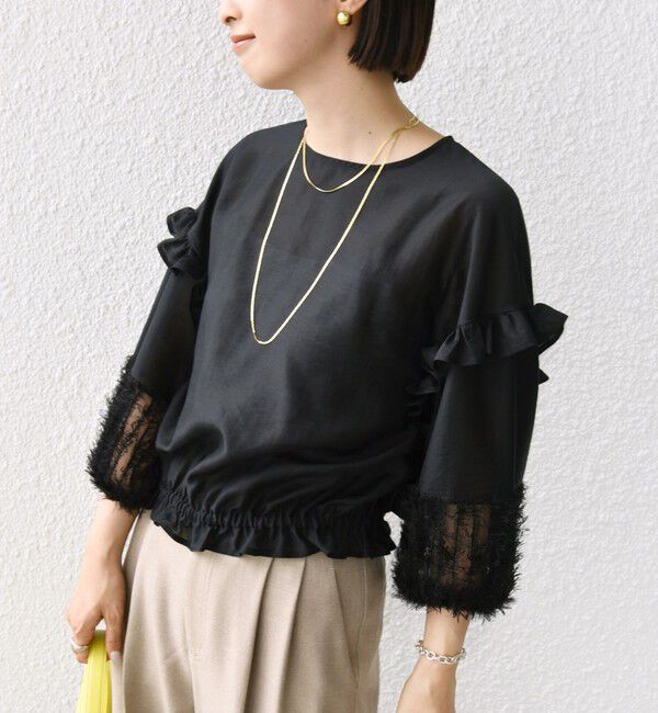 SHIPS for women「〈手洗い可能〉裾ゴム シアー &times; フェザー コンビ プルオーバー」|シャツ・ブラウス|ブラック