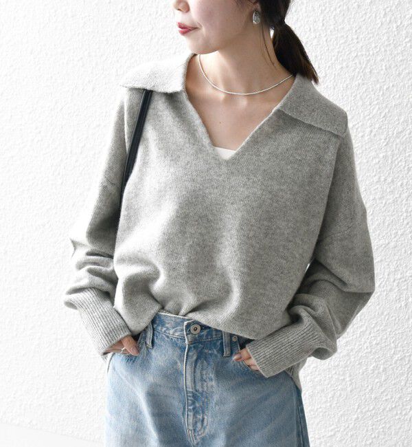 SHIPS any「【WEB限定】SHIPS any: 〈手洗い可能〉AQUA カシミヤ ミックス スキッパー カラー プルオーバー」|ニット・セーター|ライトグレー