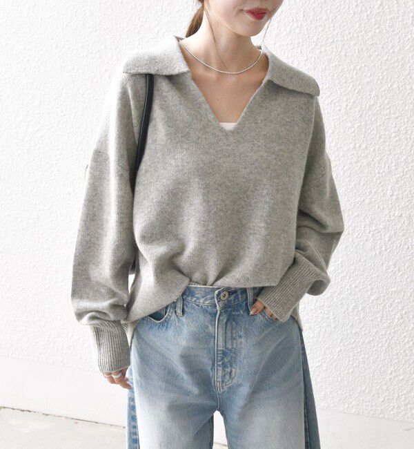 SHIPS any「【WEB限定】SHIPS any: 〈手洗い可能〉AQUA カシミヤ ミックス スキッパー カラー プルオーバー」|ニット・セーター|