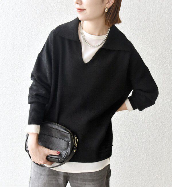 SHIPS any「【WEB限定】SHIPS any: 〈手洗い可能〉AQUA カシミヤ ミックス スキッパー カラー プルオーバー」|ニット・セーター|ブラック