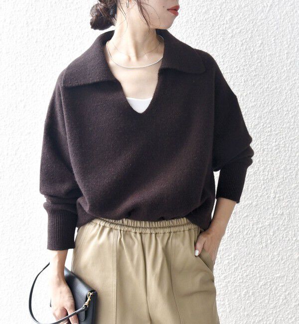 SHIPS any「【WEB限定】SHIPS any: 〈手洗い可能〉AQUA カシミヤ ミックス スキッパー カラー プルオーバー」|ニット・セーター|ブラウン