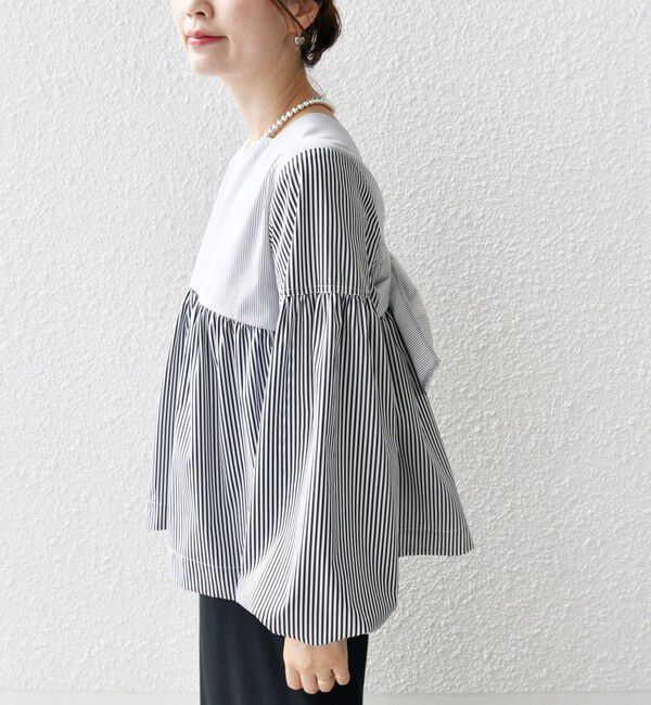 SHIPS for women「【WEB限定】〈手洗い可能〉前後 2WAY リボン デザイン ストライプ ブラウス」|シャツ・ブラウス|