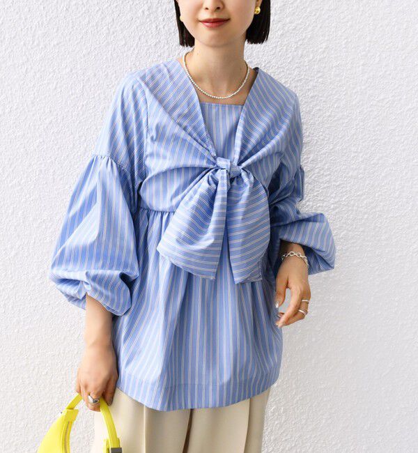SHIPS for women「【WEB限定】〈手洗い可能〉前後 2WAY リボン デザイン ストライプ ブラウス」|シャツ・ブラウス|ブルー系