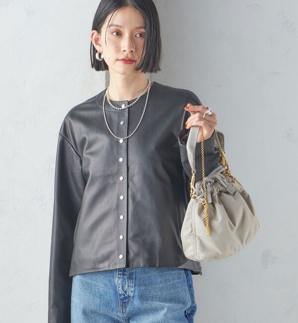 SHIPS for women「SHEEP レザー ノーカラー ブルゾン」|ノーカラージャケット|ブラック