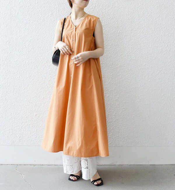 SHIPS any「SHIPS any:〈洗濯機可能〉ポプリン Vネック Aライン ノースリーブ ワンピース」|ワンピース|オレンジ