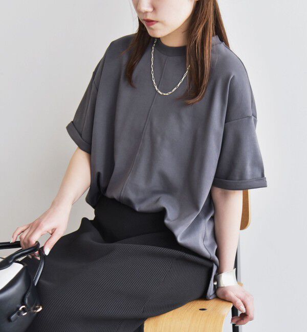 quaranciel「quaranciel:〈接触冷感/汗染み防止/洗濯機可能〉スリット ルーズ チュニック TEE」|Tシャツ・カットソー|チャコールグレー