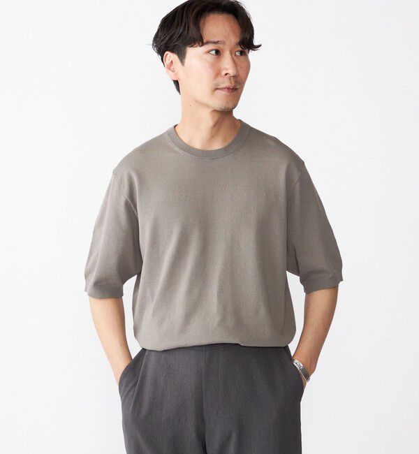 SHIPS「SHIPS: リネン&times;TEXBRID クルーネック ニット Tシャツ」|ニット・セーター|オリーブ