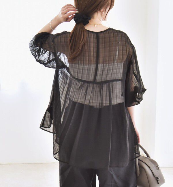 quaranciel「quaranciel:〈手洗い可能〉シアー チェック ノーカラー ハーフスリーブ ブラウス」|シャツ・ブラウス|