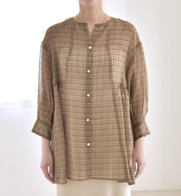 quaranciel「quaranciel:〈手洗い可能〉シアー チェック ノーカラー ハーフスリーブ ブラウス」|シャツ・ブラウス|