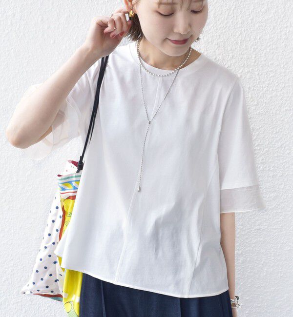 SHIPS for women「〈接触冷感 / UVカット〉シアー オーガンジー コンビ プルオーバー」|Tシャツ・カットソー|ホワイト