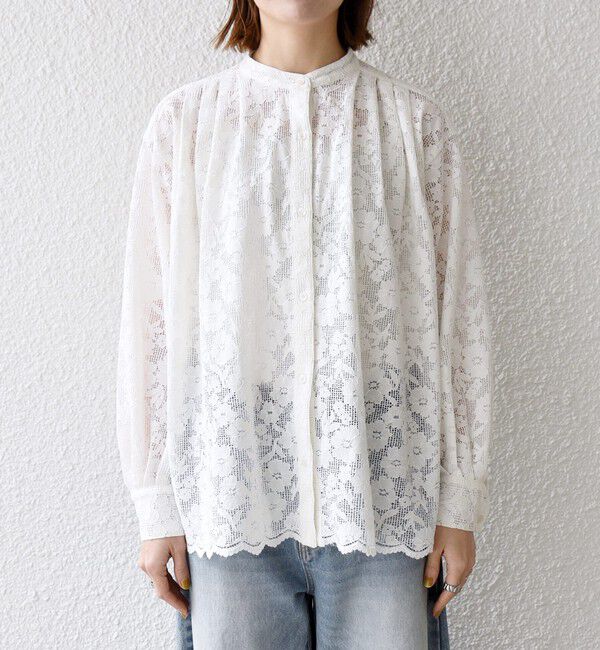 SHIPS any「《予約》SHIPS any:〈手洗い可能〉フラワー メッシュ レース バンドカラー タック シャツ」|シャツ・ブラウス|