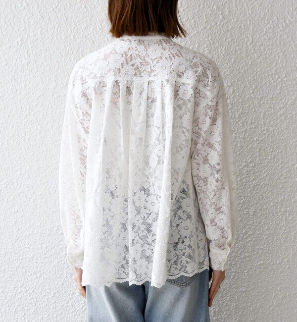 SHIPS any「《予約》SHIPS any:〈手洗い可能〉フラワー メッシュ レース バンドカラー タック シャツ」|シャツ・ブラウス|