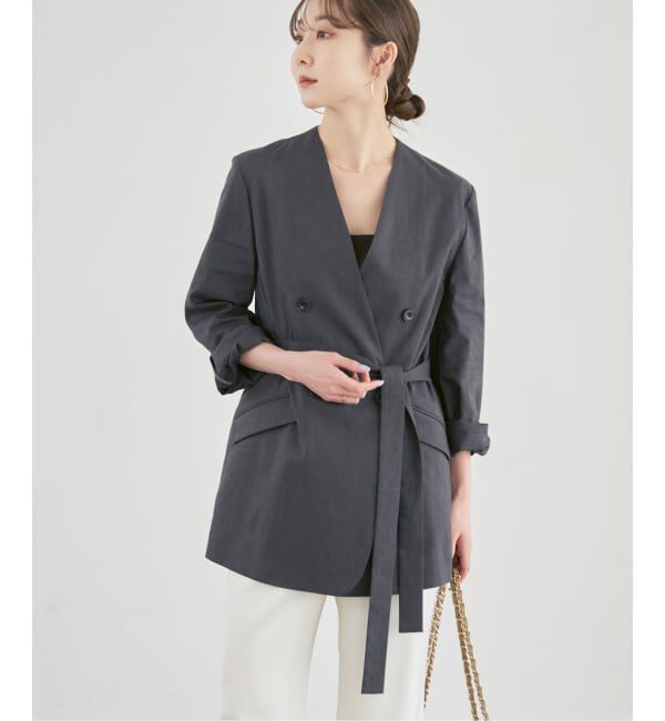 NOBLE「《予約》麻ストレッチVカラージャケット」|ノーカラージャケット|