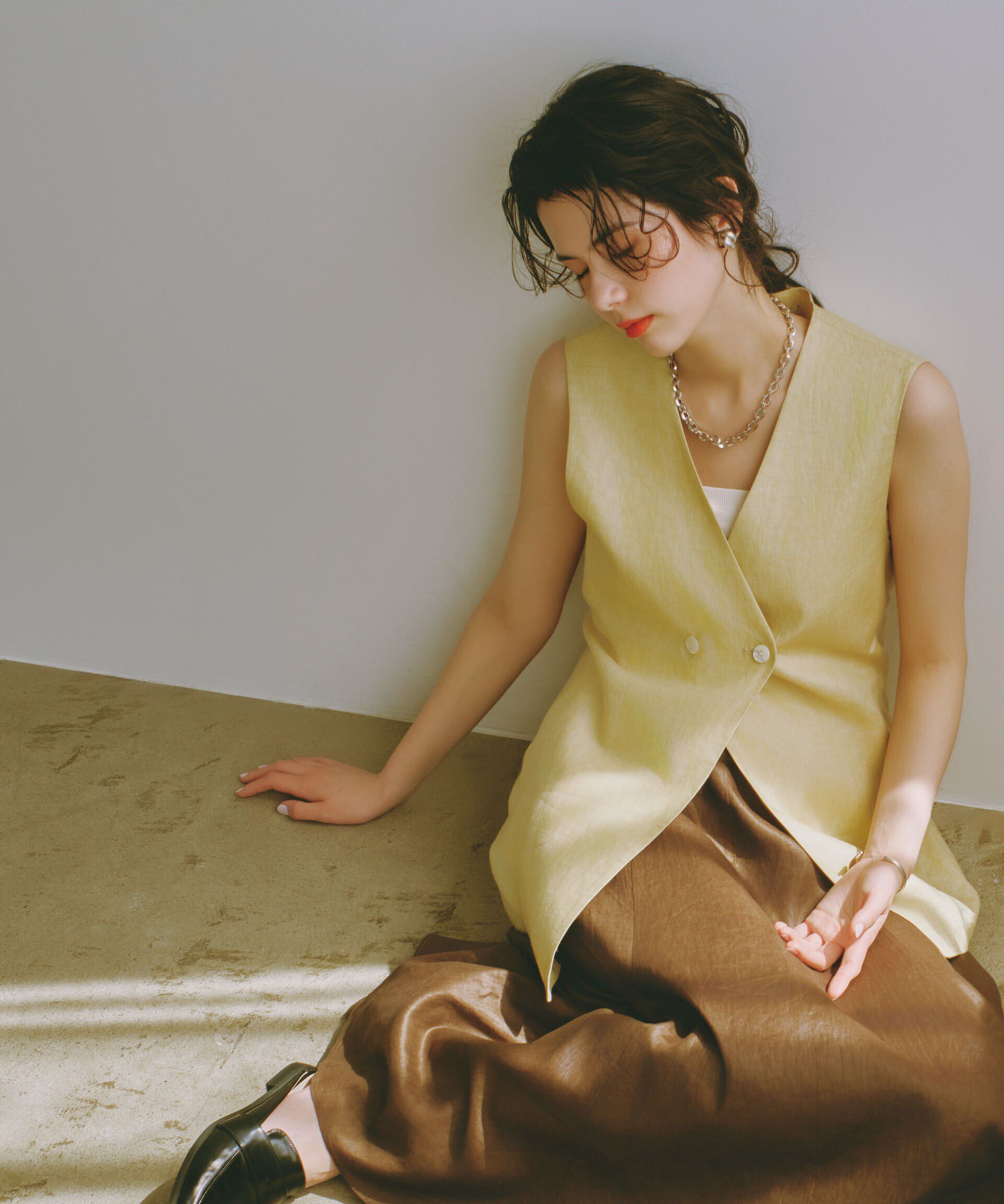 nano･universe「ベルト付リネンジレ(セットアップ可)」|ベスト・ジレ|イエロー