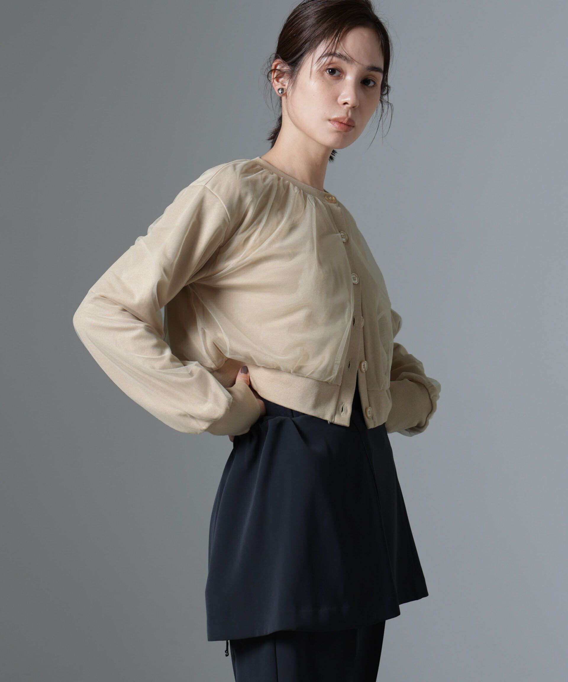 nano･universe「チュールコンビカーディガン」|Tシャツ・カットソー|ベージュ