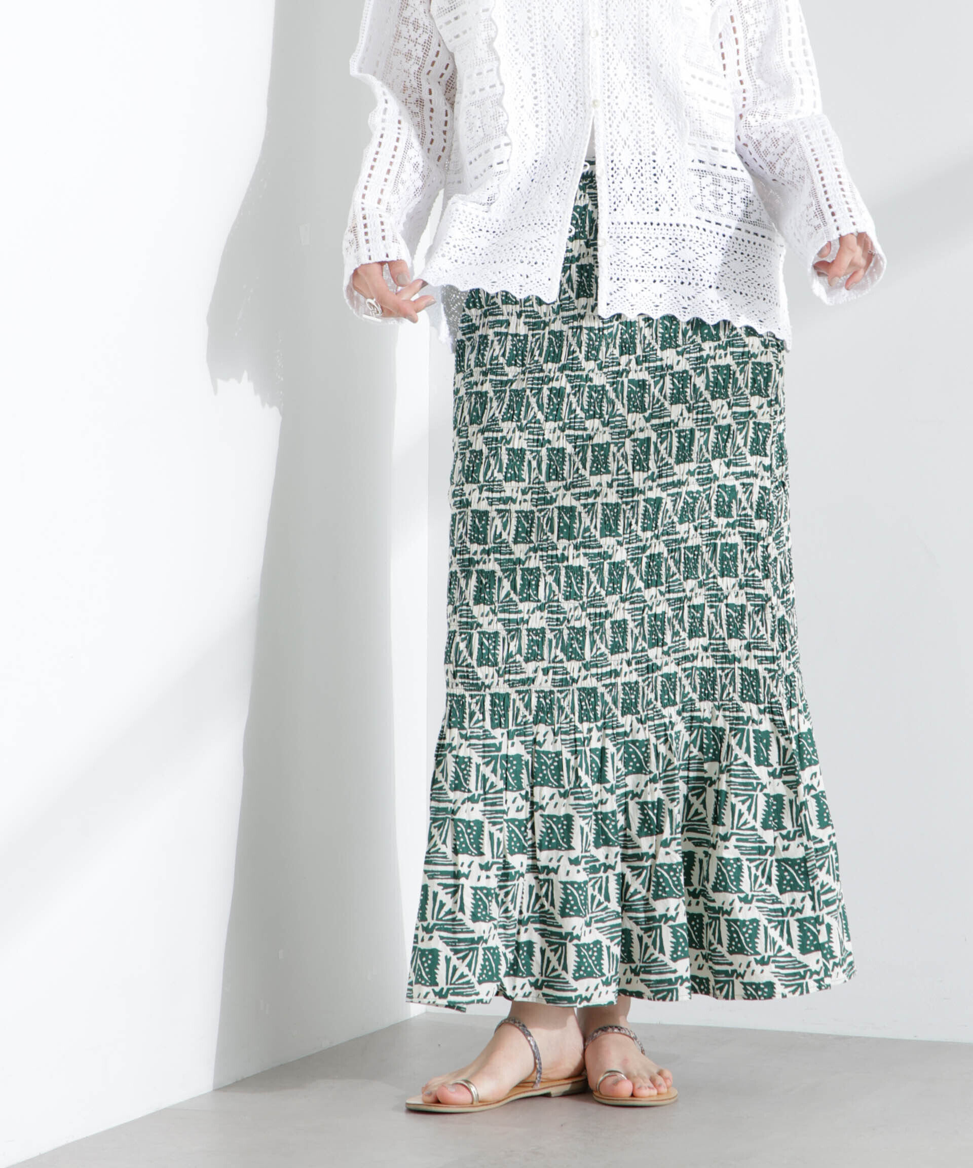 nano･universe「Sara mallika/COTTON POPLIN SHIRRING SKIRT」|スカート|グリーン
