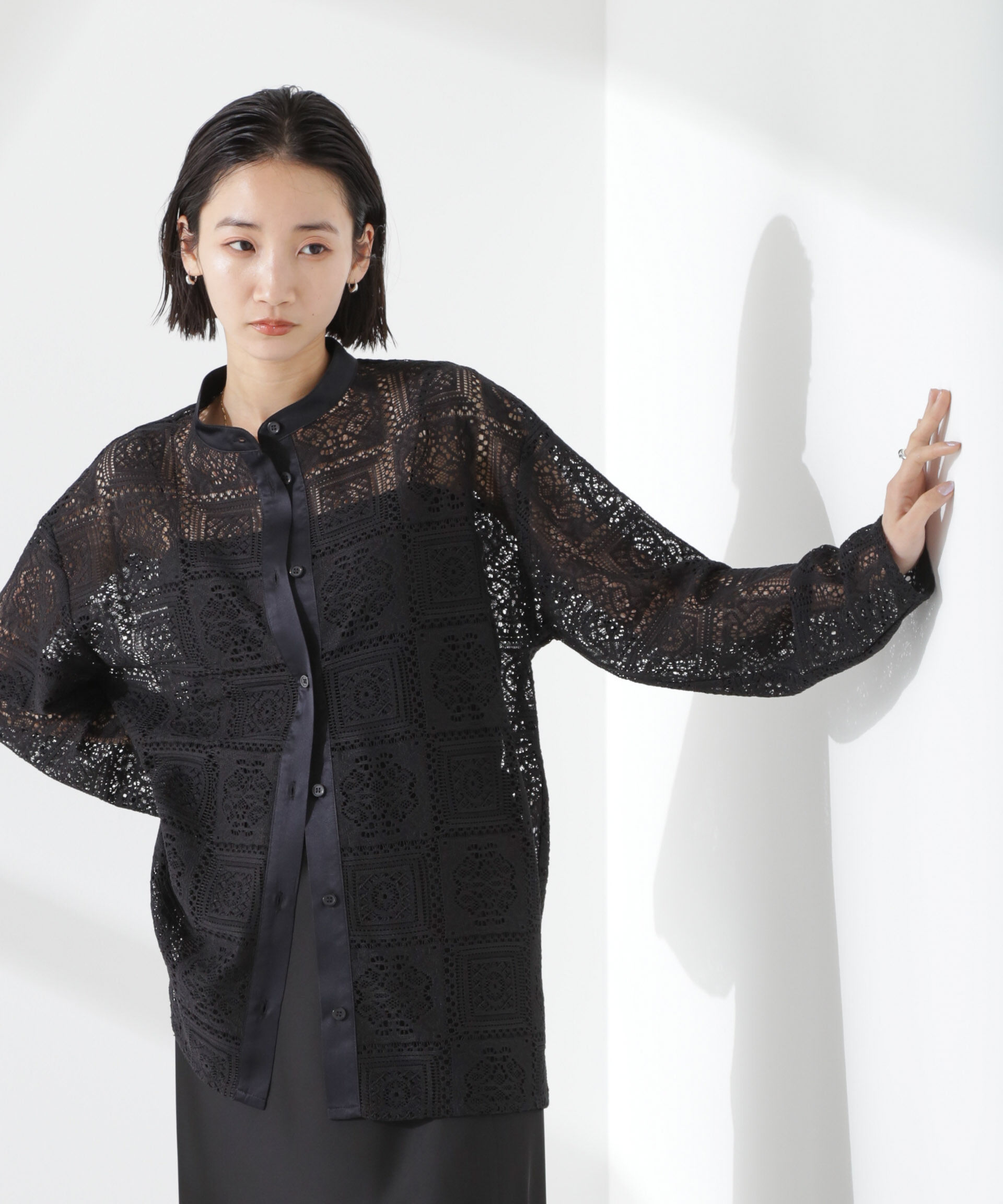 nano･universe「バンドカラーレースシャツ (セットアップ可)」|シャツ・ブラウス|ブラック