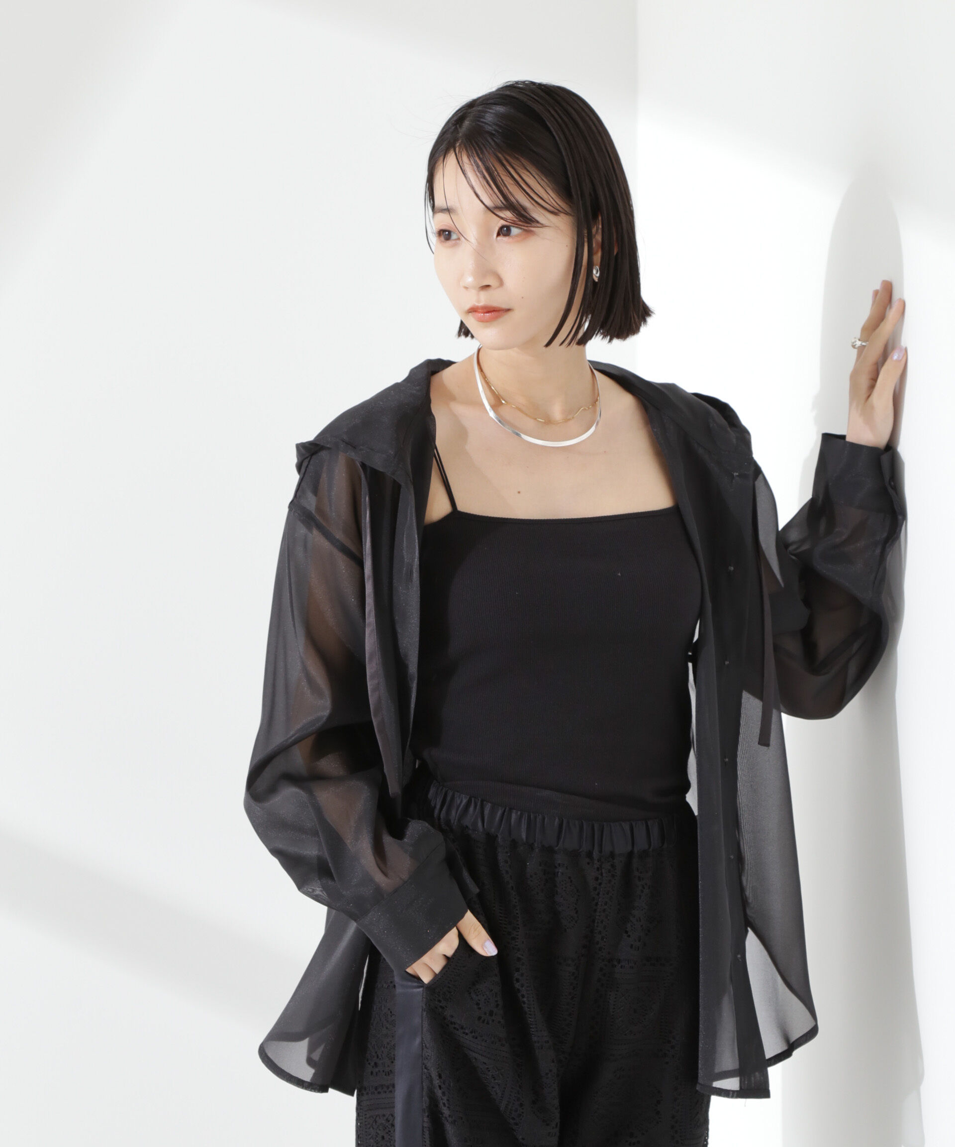 nano･universe「シアーフードシャツ」|シャツ・ブラウス|ブラック