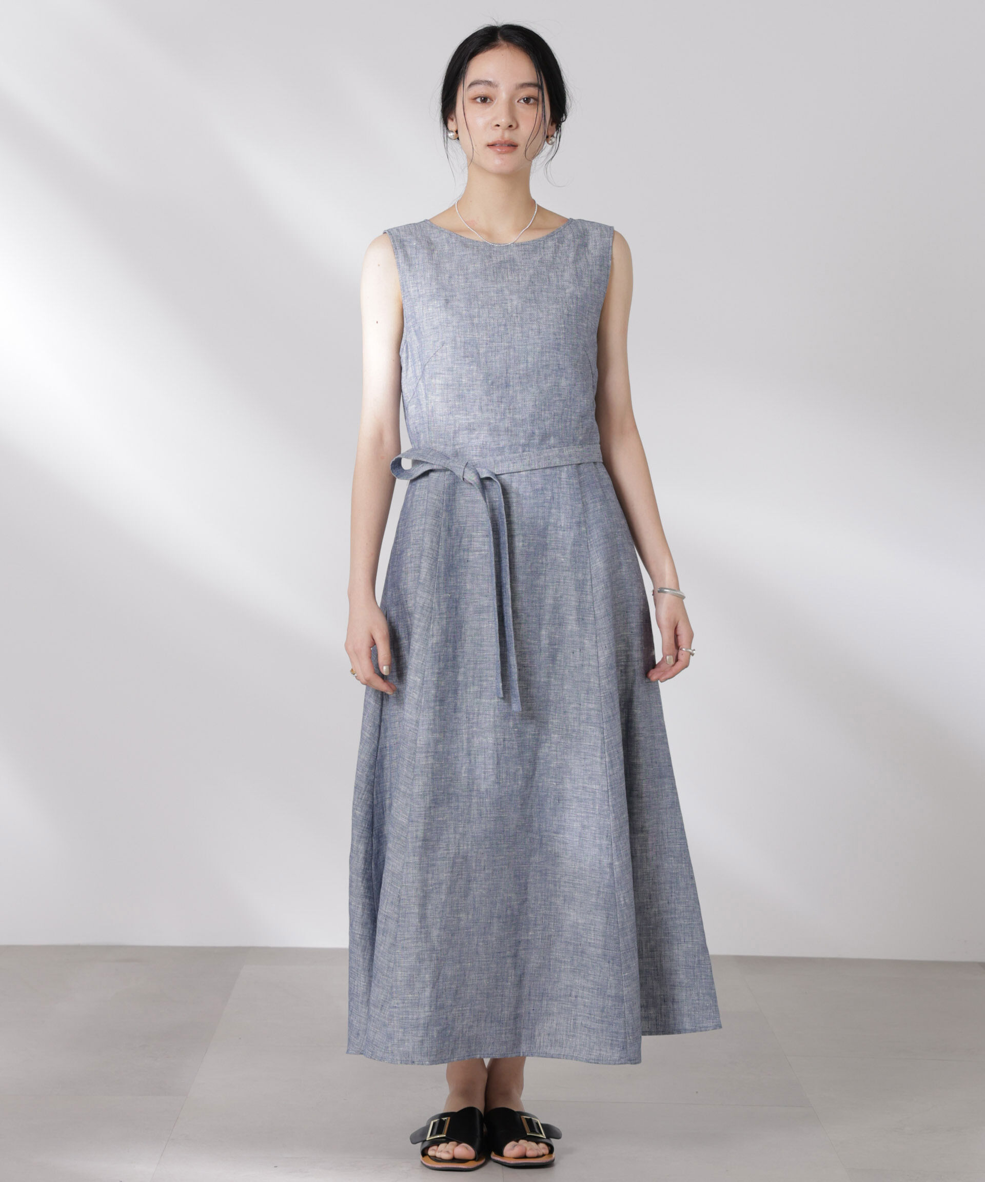 nano･universe「ヨーロピアンフラックス Aラインノースリーブワンピース」|ワンピース|ネイビー