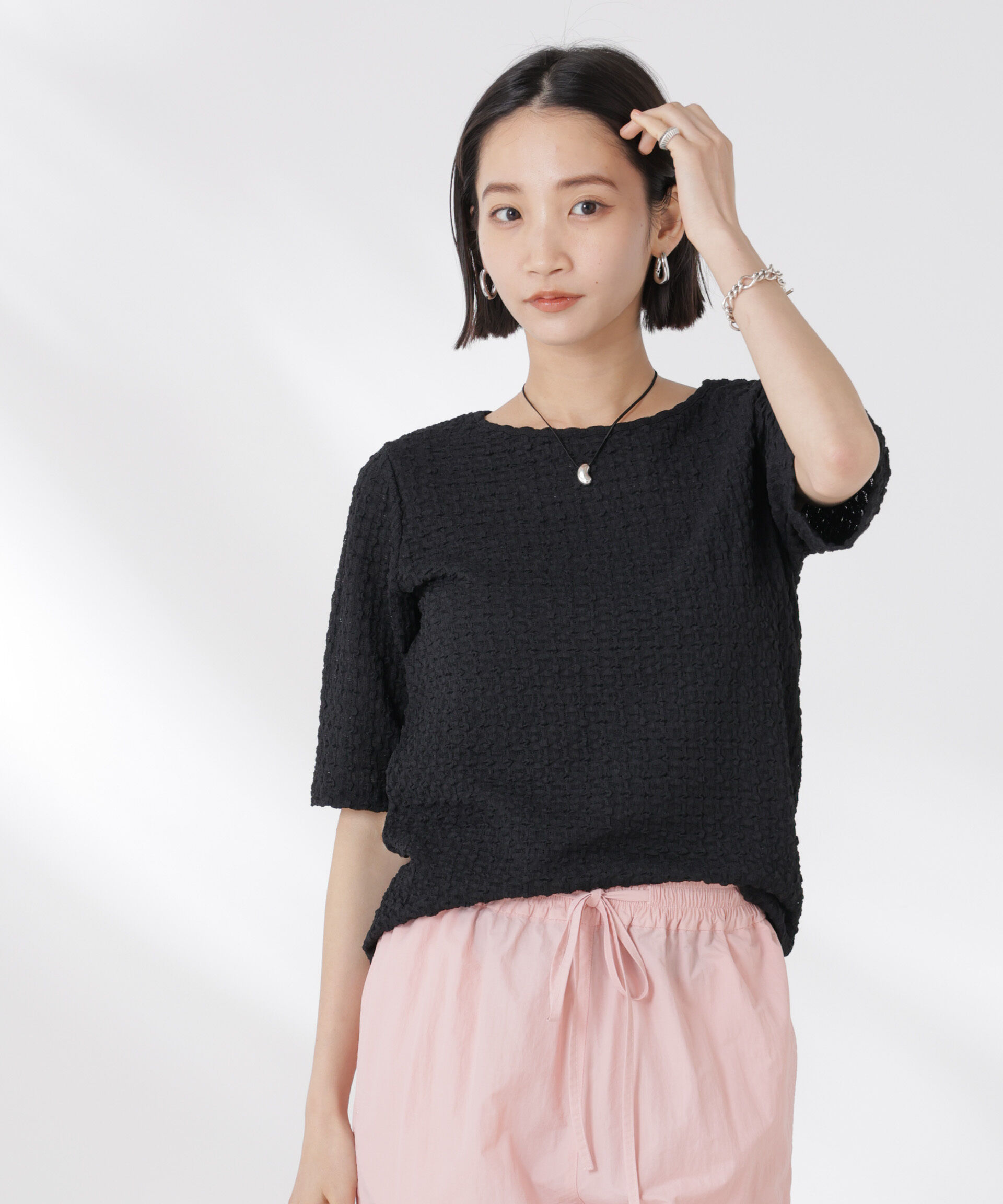 nano･universe「カットサッカークルーネックTシャツ」|Tシャツ・カットソー|ブラック