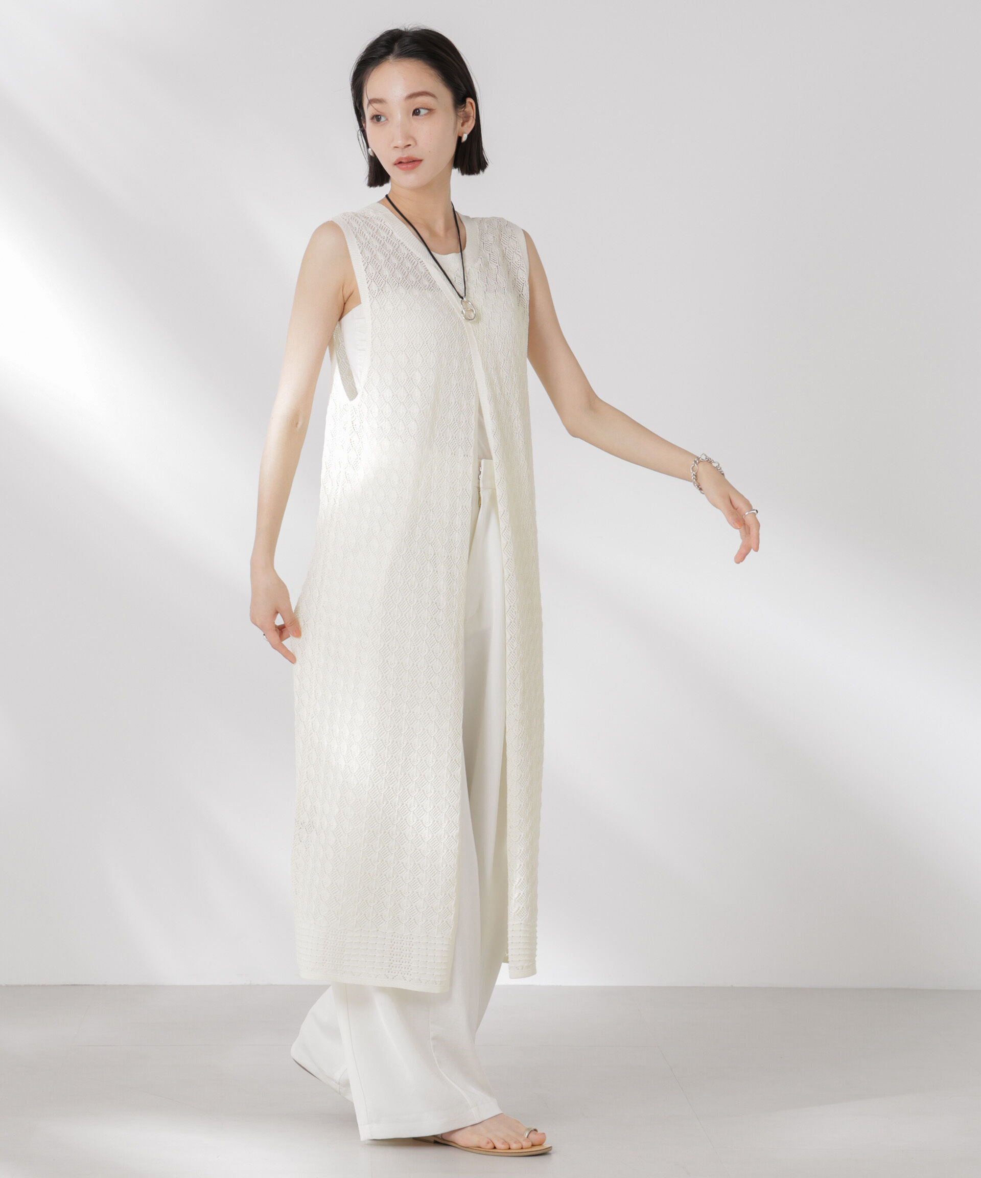 nano･universe「前後2wayダイヤ透かし柄ノースリーブニットワンピース」|ワンピース|